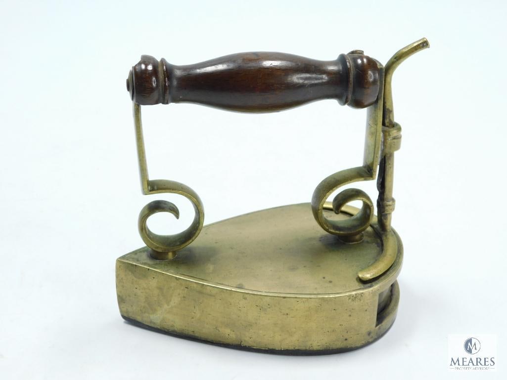1865 Antique Iron/Brass Flat Iron with Wooden Handle (1 of 8)