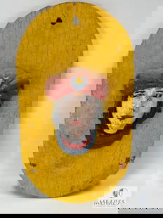 Vintage Metal Carousel Rounding Face Mounted on Oval Wooden Board - Potential Herschell Spillman: Fantastic find from an Upstate South Carolina carnival/midway designer. Correct period materials and style of Herschel-Spillman, but this has not been authenticated. Cast iron face with wood