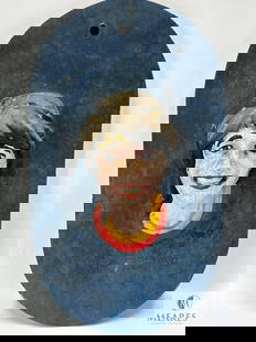 Vintage Metal Carousel Rounding Face Mounted on Oval Wooden Board - Potential Herschell Spillman: Fantastic find from an Upstate South Carolina carnival/midway designer. Correct period materials and style of Herschel-Spillman, but this has not been authenticated. Cast iron face with wood board