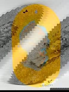 Vintage Metal Carousel Rounding Face Mounted on Oval Wooden Board - Potential Herschell Spillman: Fantastic find from an Upstate South Carolina carnival/midway designer. Correct period materials and style of Herschel-Spillman, but this has not been authenticated. Cast iron face with wood board