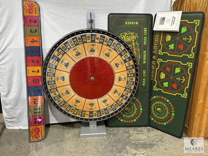 Casino Gaming Lot - Steamboat Wheel, Crown & Anchor Board, Craps Board - for Casino Night Rentals: These items are not being sold for any income or gambling purposes. They are being sold for collectible purposes or use in areas where gambling is legal. All items in very good overall