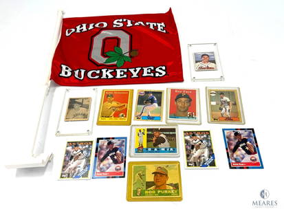 Vintage Baseball Card Lot with Ohio State Buckeyes Car Flag (See Description for Cards): This lot includes 12 various baseball cards - cigarette and full-size varieties. Players include Nolan Ryan (5 cards), Bob Purkey, Roman Mejias, Roy Face, Will Clark, Bobby Richardson All