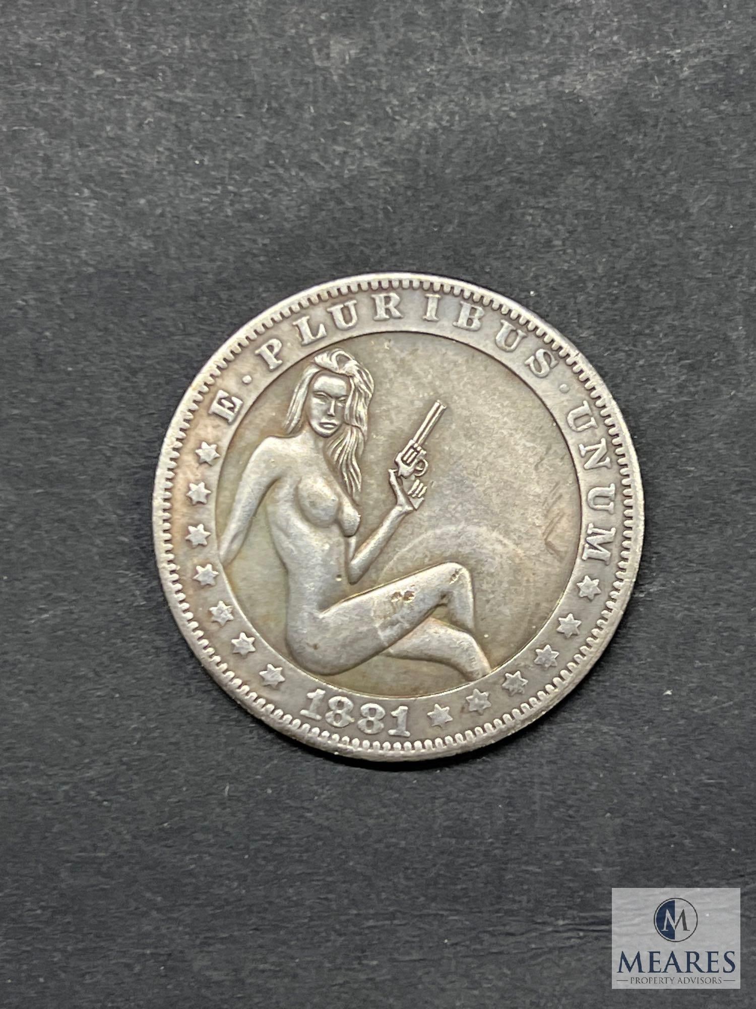 1881-CC Morgan Hobo Dollar Fantasy Coin Nude Lady with Pistol:  
