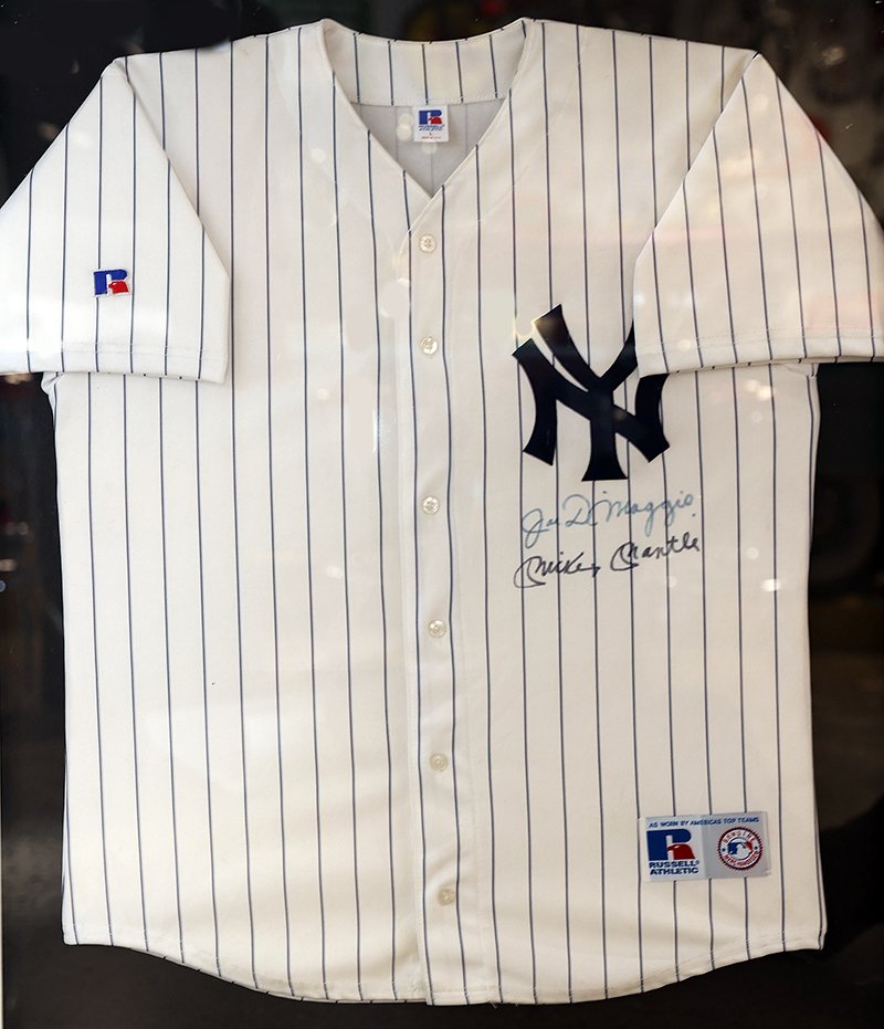 NEW YORK YANKEE JERSEY SIGNED BY  JOE DIMAGGIO AND MICKEY MANTLE-FRAMED (1 of 1)