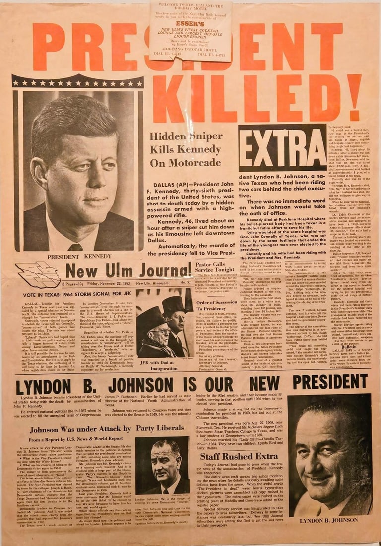 EXTRA, PRESIDENT KENNEDY ASSASSINATED. INCREDIBLE BOLD LARGE TYPE RED HEADLINE (1 of 1)