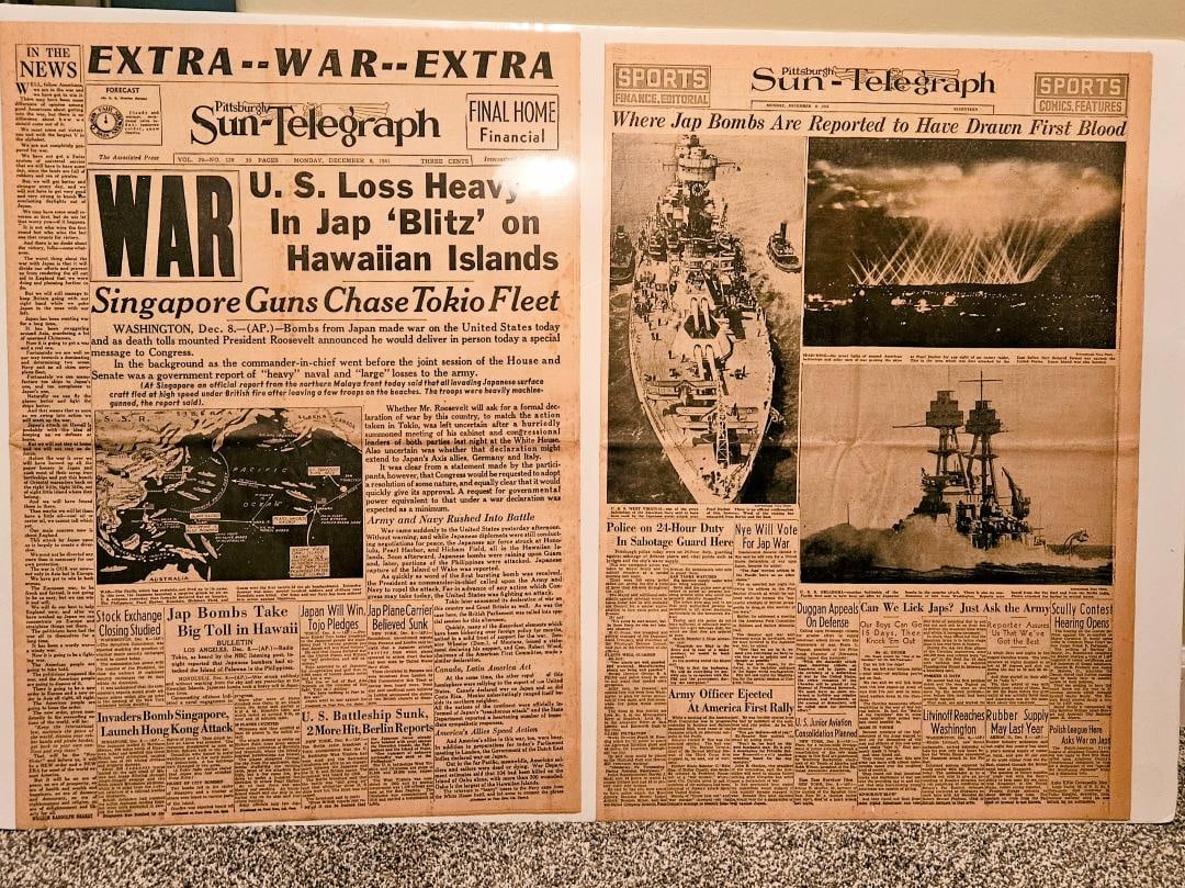 JAPS BOMB PEARL HARBOR, THE STRAT OF WW2 FOR THE UNTITED STATES!: Dec 8, 1941. On Dec 7th, the unthinkable happened and these words came from our President, "this is a day that will live in infamy". Thise were the famous words that told the country what just happene
