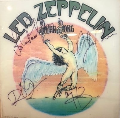 LED ZEPPELIN ETCHED GLASS "SWAN SONG:" ARTWORK SIGNED BY ALL 4  BAND MEMBERS (1 of 5)