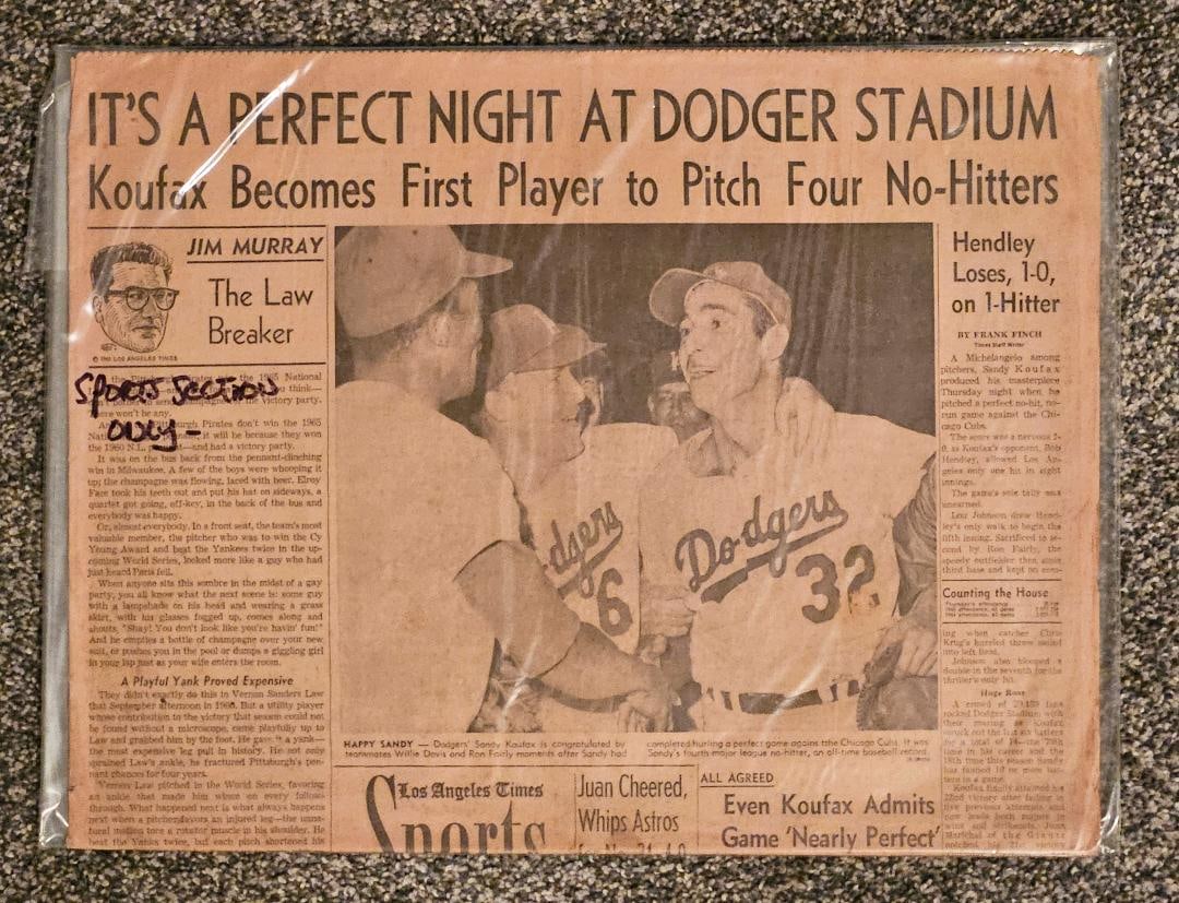 SANDY KOUFAX PERFECT GAME PITCHES RECORD BREAKING 4TH NO HITTER (1 of 1)