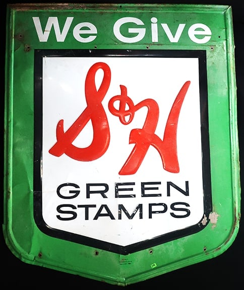 S&H GREEN STAMPS ORIGINAL POINT OF PURCHASE SIGNAGE: DISPLAYED AT ALL GROCERIES AND RETAIL STORES IN THE 1950'S I WAS ASSIGNED TO LICK THE STAMPS AND PUT THEM IN S&H REDEMPTION BOOKLETS! 42 X 35