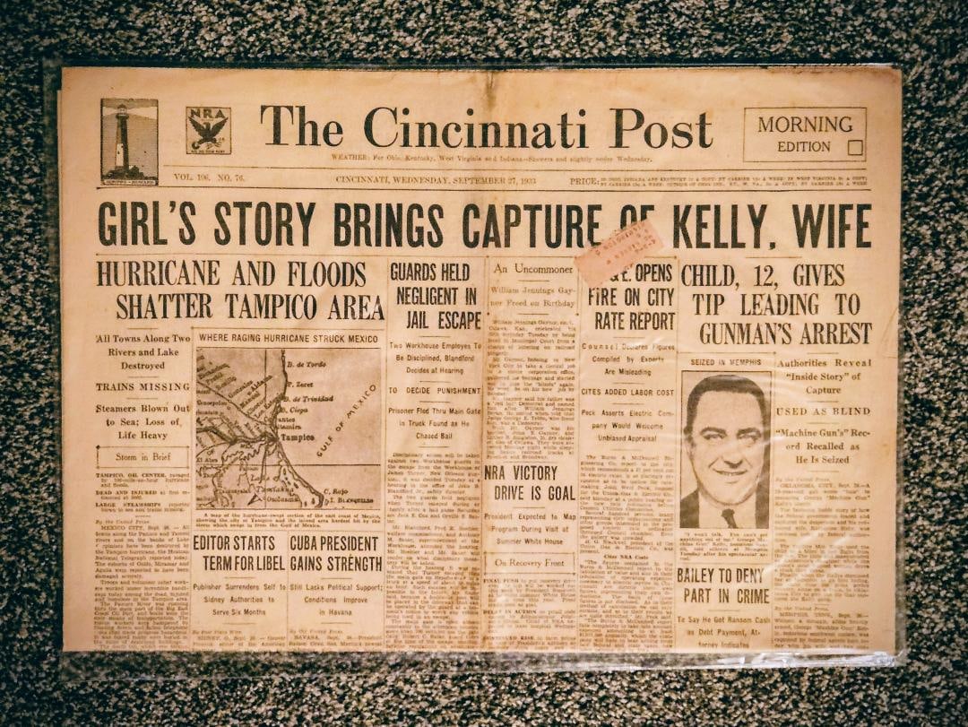 MACHINE GUN KELLY CAPTURED AND ARRESTED, GANGSTER: September 27, 1963. The best part of the gangster and mafia periods are the nicknames. Machine Gun Kelly was one of the greatest. His arrest made national headlines as depicted in this newspaper. Ther