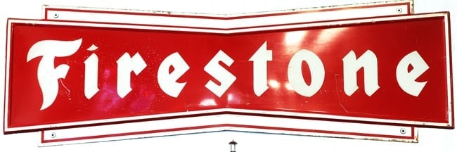 FIRESTONE DEALERSHIP SIGN-EXCELLENT ORIGINAL CONDITION: EXCELLENT ORIGINAL CONDITION FIRESTONE ADVERTISING SIGN PURCHASED FROM LOCAL FIRESTONE TIRE STORE IN CHICAGO 71 X 23