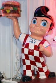 BOB'S BIG BOY SCULPTURE: A classic "Big Boy" statue 41 X 20 X 18, commonly found outside or inside Big Boy restaurants.Here are some details about the statue:•It depicts a smiling boy with a distinctive pompadour hairsty