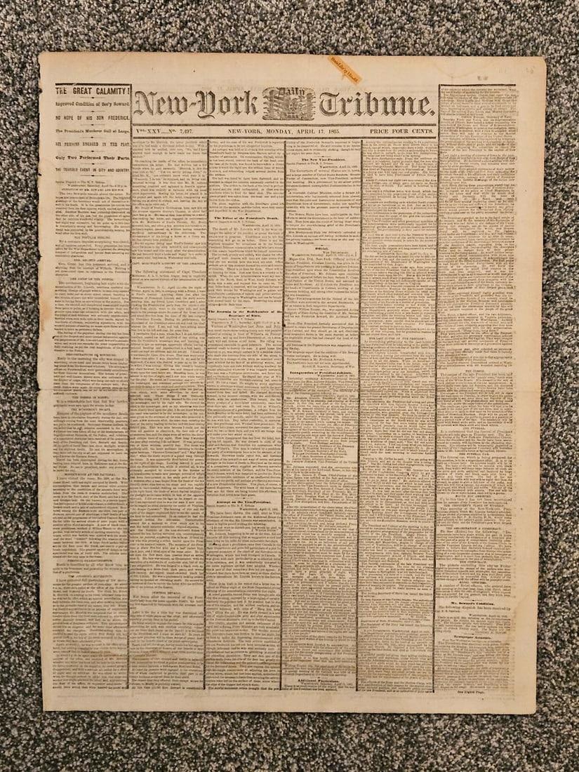 ABRAHAM LINCOLN ASSASSINATION NEWSPAPER (1 of 7)