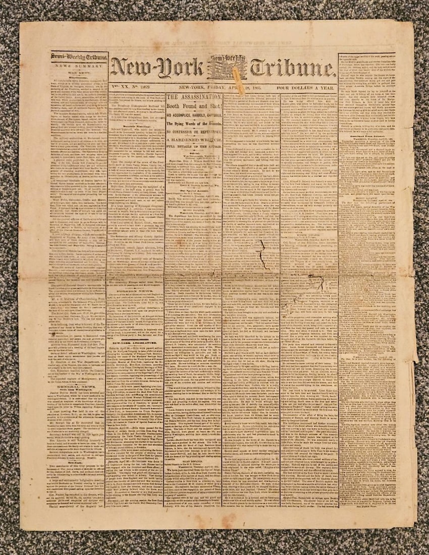 LINCOLN ASSASSINATION NEWSPAPER, JOHN WILKS BOOTH CAPTURED AND KILLED (1 of 2)
