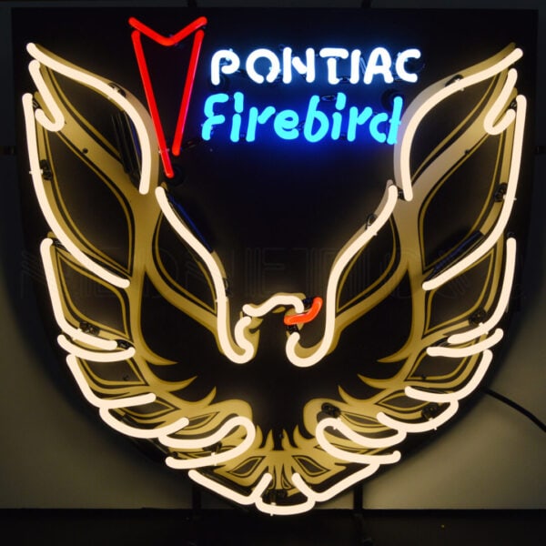 PONTIAC FIREBIRD NEON: BRIGHT NEON TUBING FOR THE ICONIC PONTIAC FIREBIRD BRAND DIMENSIONS: 24w x 24h x 4d This is a Pontiac Firebird neon sign, featuring the iconic “screaming chicken” Firebird emblem prominently d