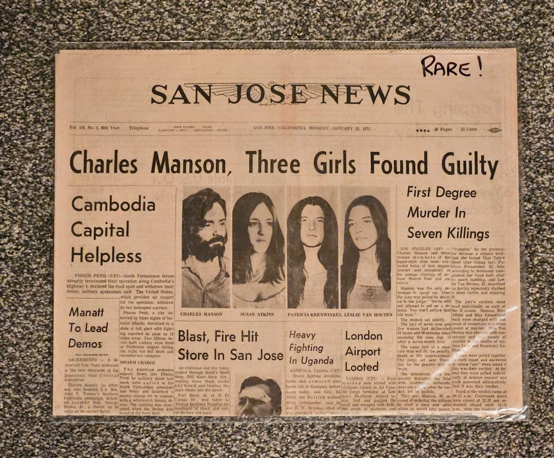 CHARLES MANSON IS FOUND GUILTY! NEWSPAPER: January 25, 1971. The crime that shocked the world. The crime that THE Helter Skelter song was about from the Beatles. The crime that the recent Brad Pitt and Leonardo DiCaprio's movie Once upon a tim