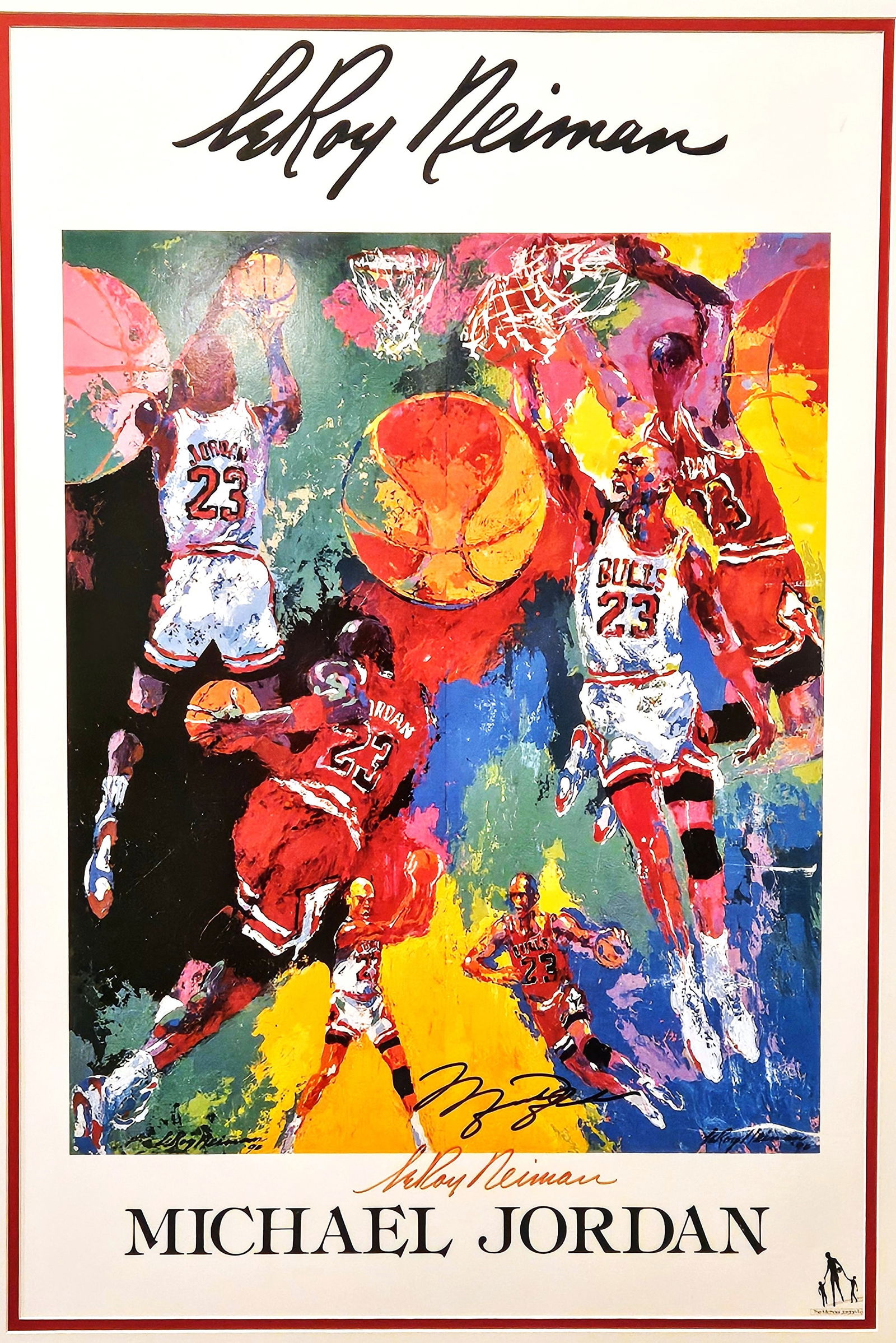 MICHAEL JORDAN FOUNDATION POSTER SIGNED BY MICHAEL JORDAN AND LEROY NEIMAN: LeRoy Neiman's famous Michael Jordan print. After Neiman produced the 320 serigraphs, post of the deal to work with Michael Jordan was he would make 5000 prints and donate them to the Michael Jordan F
