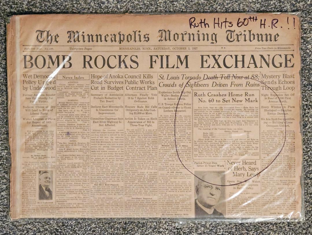 BABE RUTH HITS RECORD 60TH HOME RUN NEWSPAPER: October 1, 19278. Not much was going on the world of sports except the NY Yankees. They were the team that captivated the America. Murderers Row they nicknamed the heart of the line-up. And the one