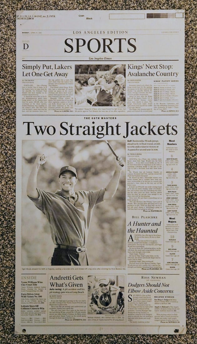 2002 ORIGINAL TIGER WOODS WINS MASTERS NEWSPAPER PRINTING PLATE: April 14th, 2002. There is no bigger athlete in the world than Tiger was during his playing days. The world could not get enough of him, and the TV rights went through the roof. This is the headline p
