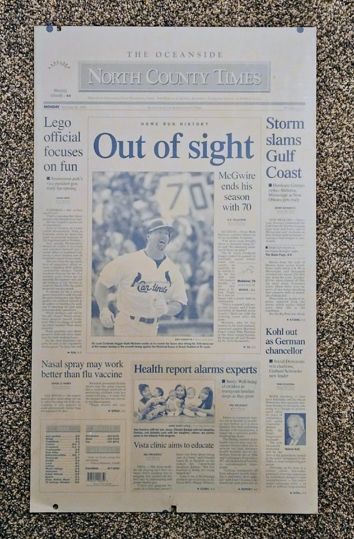 1998 MARK MCGWIRE HITS RECORD 70th HOME RUN BASEBALL NEWSPAPER PRINITING PLATE: September 28th, 1998. Hard to believe this is going on almost 30 years ago. When McGwire and Sosa were chasing the most coveted of all sports records, it turned the press into a frenzy! I would know