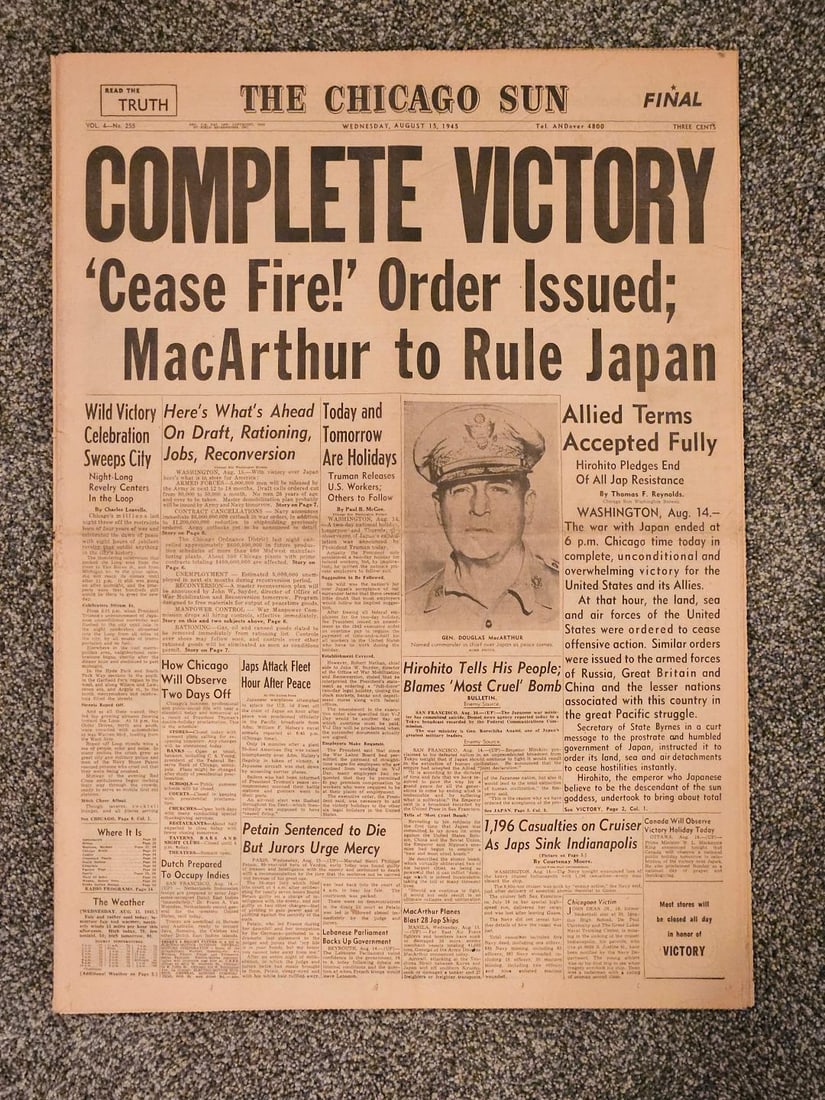 WW2 HAS ENDED WITH JAPAN SURRENDER NEWSPAPER: August 15th, 1945. This is one of the most dramatic headlines you could hope to acquire for this important date in our history. General MacArthur has the complete surrender of Japan! The great war is