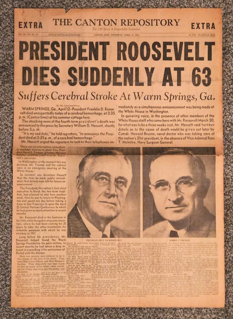 FDR PRESIDENT ROOSEVELT DIES IN OFFICE NEWSPAPER (1 of 2)