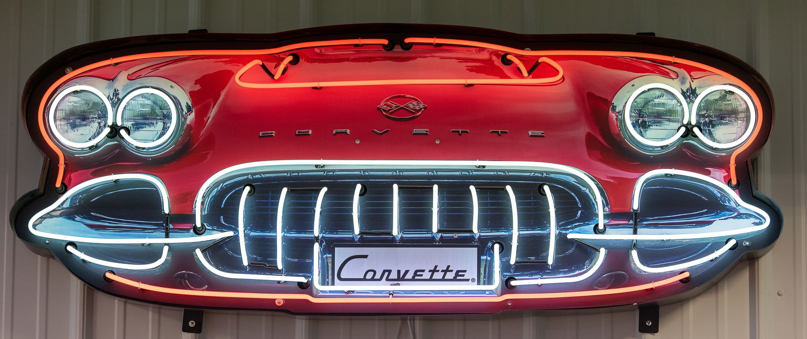 CORVETTE GRILL NEON 60 x 23 x 6: BRAND NEW BEAUTIFUL NEON GRILL-OFFERING SEVERAL GRILLS FROM MY COLLECTION 60 X 23 X 6 MANCAVE MUST! The Chevrolet Corvette Grill’ neon sign is made from neon glass tubes and built with special shock