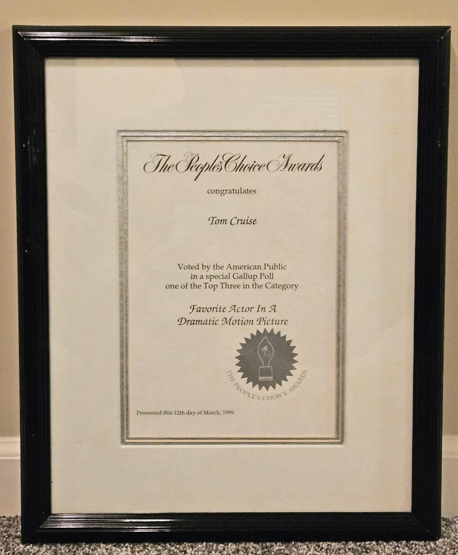 ORIGINAL PEOPLES CHOICE AWARD CERTIFICATE, TOM CRUISE IN RAIN MAN (1 of 2)