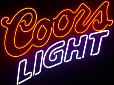 COORS LIGHT BEER NEON-ORIGINAL: COORS LIGHT BEER NEON-ORIGINAL 20 X 30 The image shows a Coors Light sign designed in a neon style against a dark background. The word “Coors” is written in a flowing, cursive script in bright