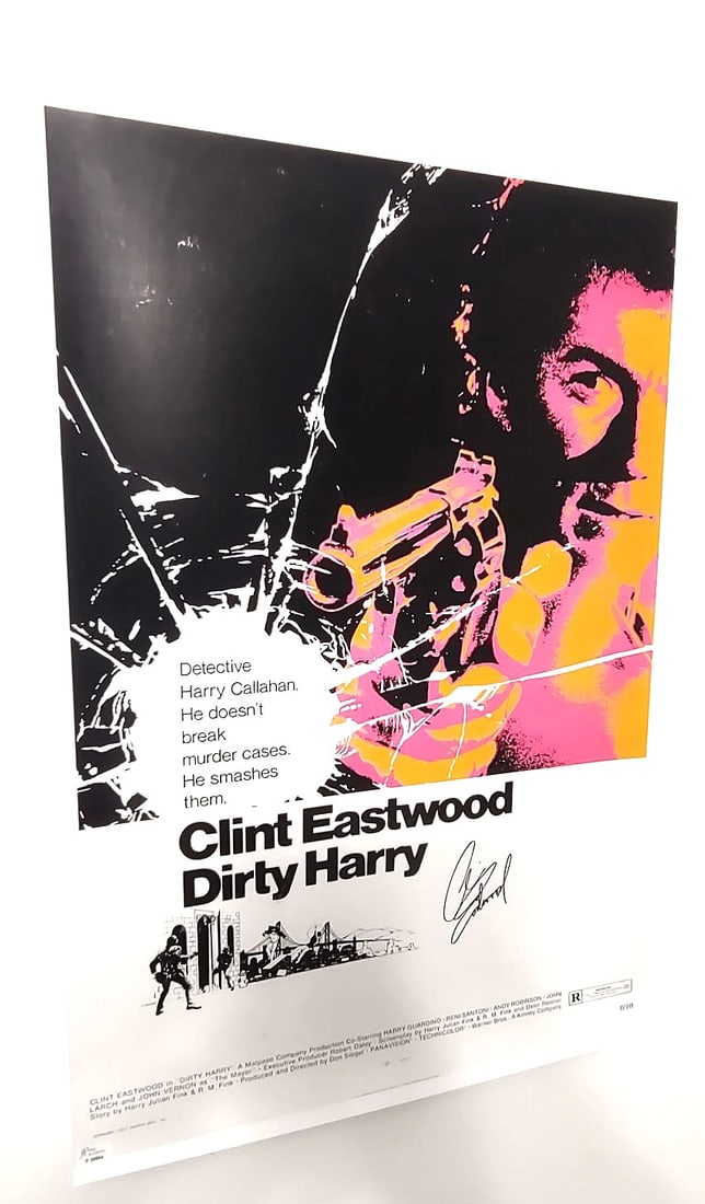 DIRTY HARRY POSTER SIGNED BY CLINT EASTWOOD, AUTHENTICATED: Dirty Harry (1971)The item is a poster for the landmark 1971 film Dirty Harry, which defined the "renegade cop" genre. The Role: Clint Eastwood stars as San Francisco Police Department Inspector Harry