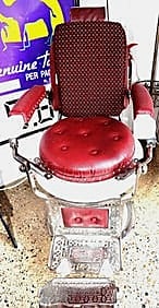 BARBER CHAIR- ANTIQUE ORIGINAL- RESTORED CONDITON AND REPRODUCTION BARBER POLE- (1 of 3)