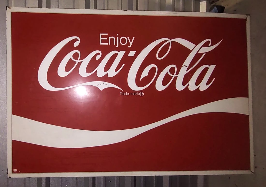 COCA COLA ORIGINAL SIGN 40X60: Original 40 x 60 COCA COLA rectangular vintage-style sign Here are some details about the sign: Features the iconic Coca-Cola Red Background with White lettering. The classic "Coca-Cola" script logo i