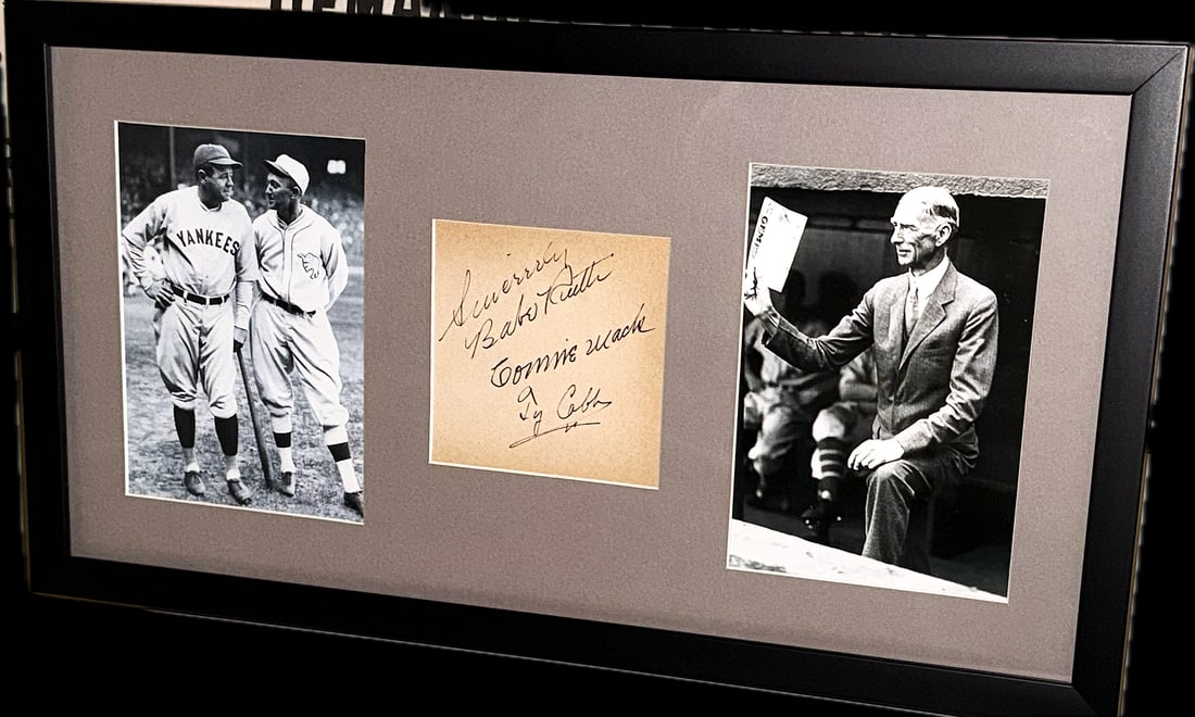 BABE RUTH, CONNIE MACK, TY COBB, SIGNATURE CUT FRAMED (1 of 2)