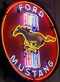 MUSTANG NEON 36": BEAUTIFUL BRIGHT NEON TUBING ICONIC MUSTANG LOGO 36" The Ford Mustang's history is not defined by any single vintage neon sign, but rather the iconic car and its galloping pony logo have inspired a va
