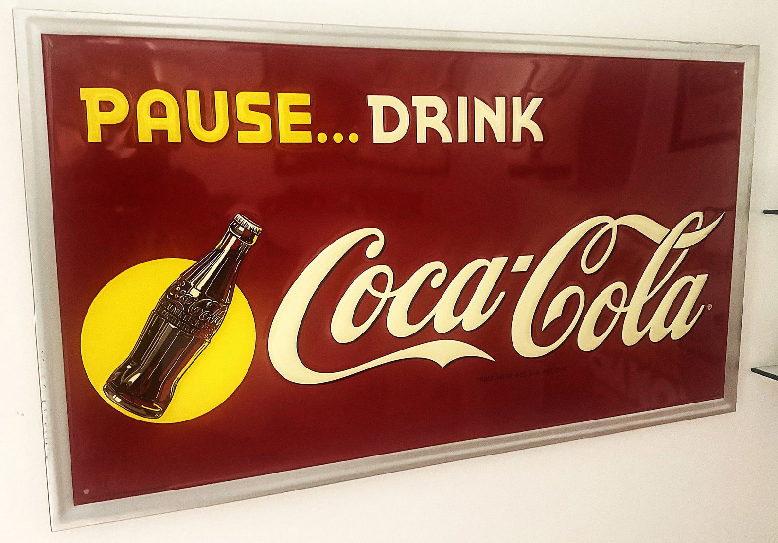 COCA COLA PAUSE/DRINK METAL SIGN -ORIGINAL: ORIGINAL COCA COCA ADVERTISING METAL SIGN 40 X 18 The image shows a vintage-style Coca-Cola sign.It has a red background with bold white and yellow lettering that reads:“PAUSE… DRINK Coca-Cola&rdq