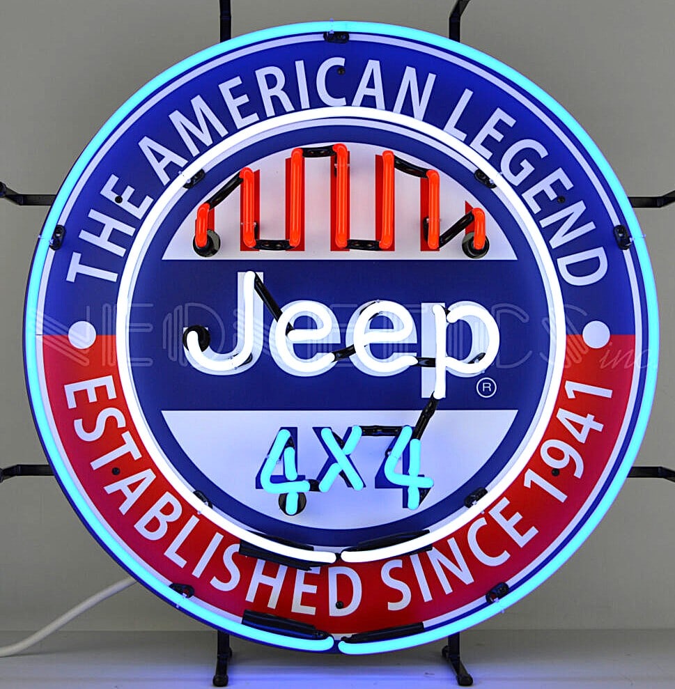JEEP 4 X 4 NEON 24": JEEP 4 X 4 NEON 24" The emblem on the Neon combines Jeep branding with patriotic messaging. JEEP is an American automobile brand known for:Off-road vehicles 4x4 capability Durability and rugged
