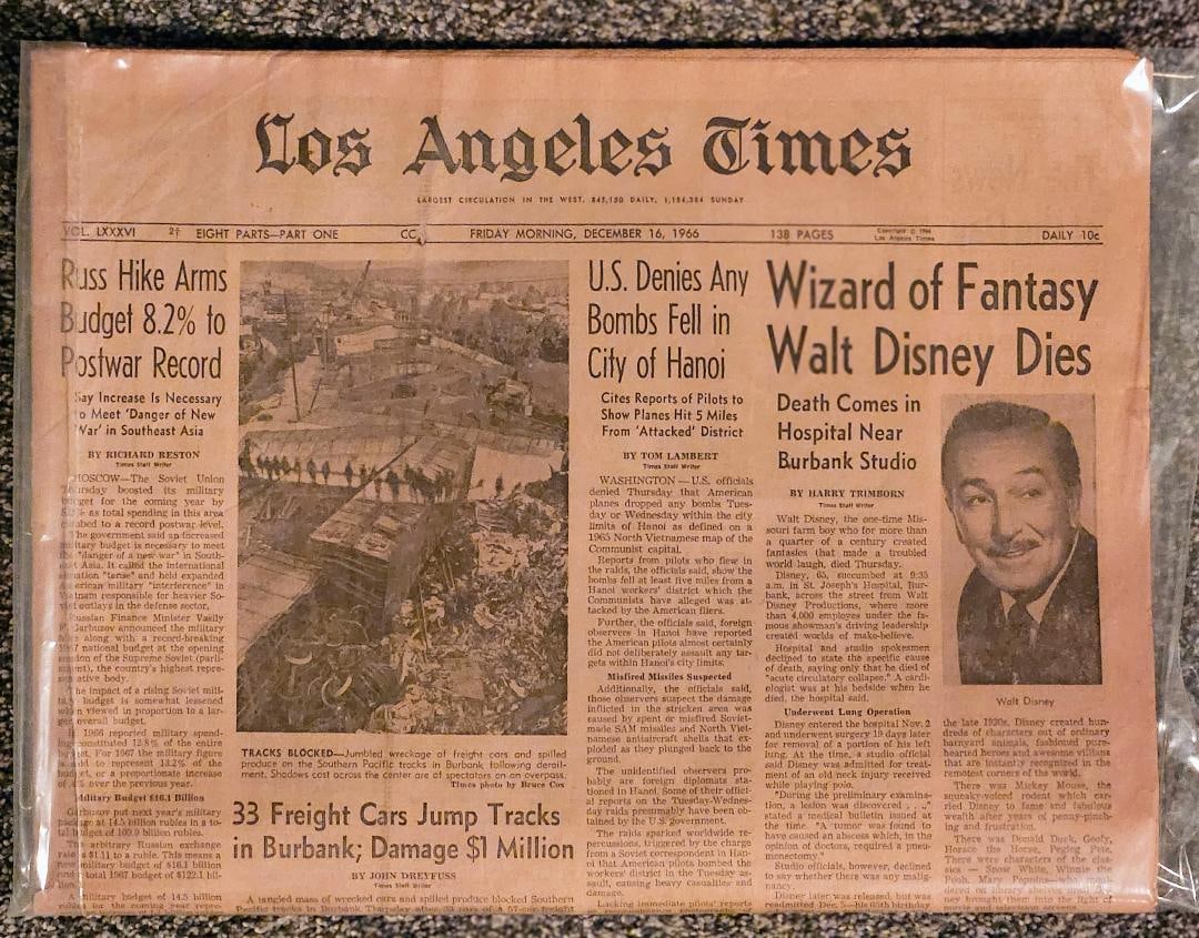 1966 THE GREAT WALT DISNEY DIES NEWSPAPER: December 16th, 1966, considered the saddest day for all children and adults alike. Walt Disney had a vision of a world where children can be entertained with animation and theme parks. He is THE KING