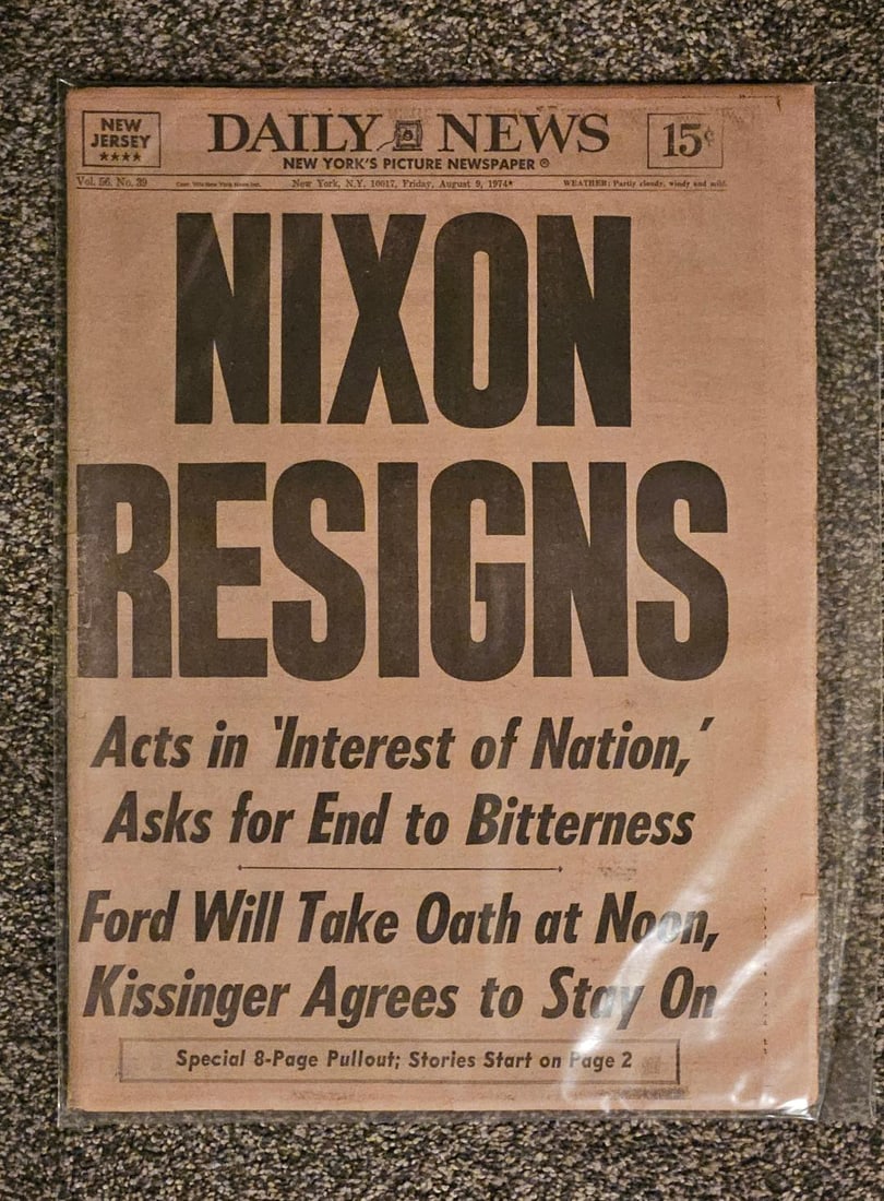 PRESIDENT NIXON RESIGNS NEWSPAPER: August 9, 1974. For the first time, and the only time, a President of the United States resigns his office. I do not think there is much more that needs to be said about the historical importance of t