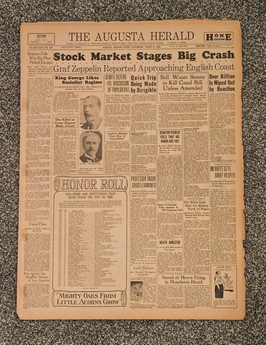 STOCK MARKET CRASH OF 1929 NEWSPAPER: August 9th, 1929. This is the beginning of what has been labeled the great crash of 1929 and the start of our Great Depression! As you can see from the early Headlines, "THE STOCK MARKET STAGES BIG CR