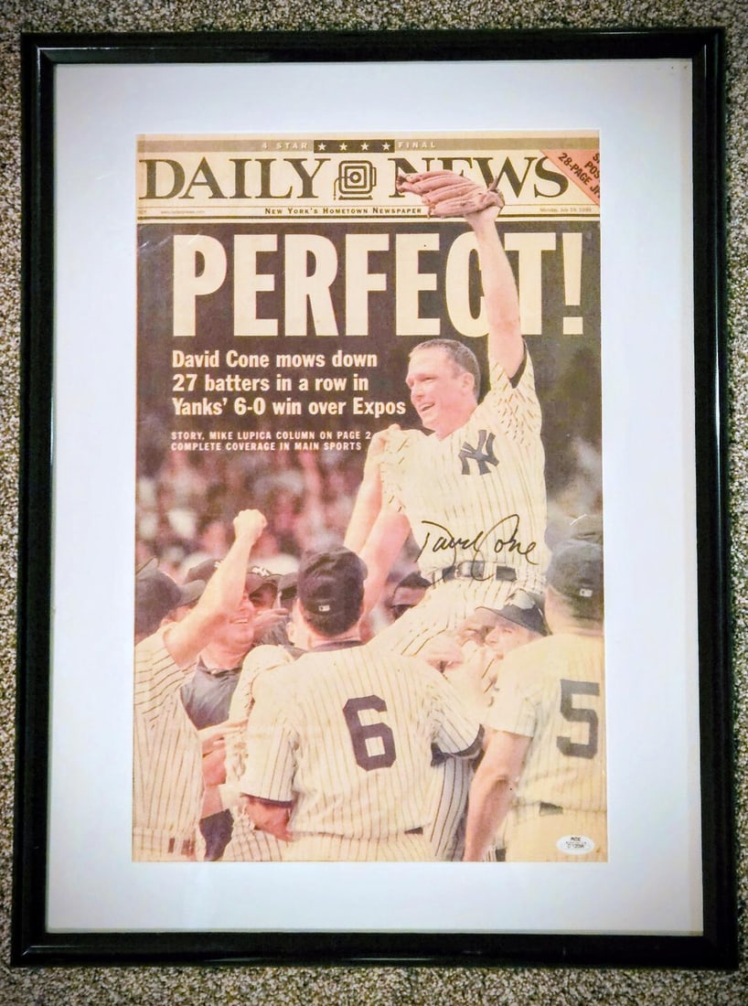 SIGNED DAVID CONE PERFECT GAME NEWSPAPER: July 19, 1999. How hard is it to throw a perfect game in Baseball? In 156 years, there have only been 24...EVER! David Cones was number 16 on that list, as about exclusive as it gets! To show you