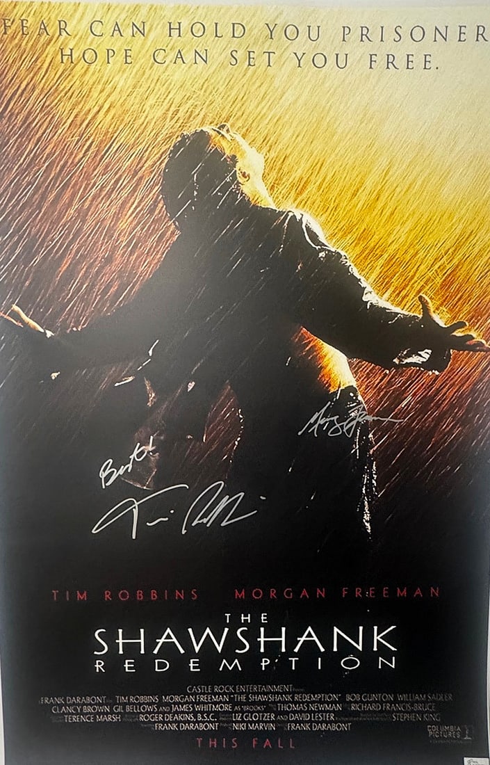 SHAWSHANK REDEMPTION FORENSICALLY SIGNED BY TIM ROBBINS AND MORGAN FREEMAN: The Shawshank Redemption (1994) 24X36 This Reproduction poster with Original Signatures represents what is widely considered one of the greatest films in cinematic history. Cultural Legacy: Despite