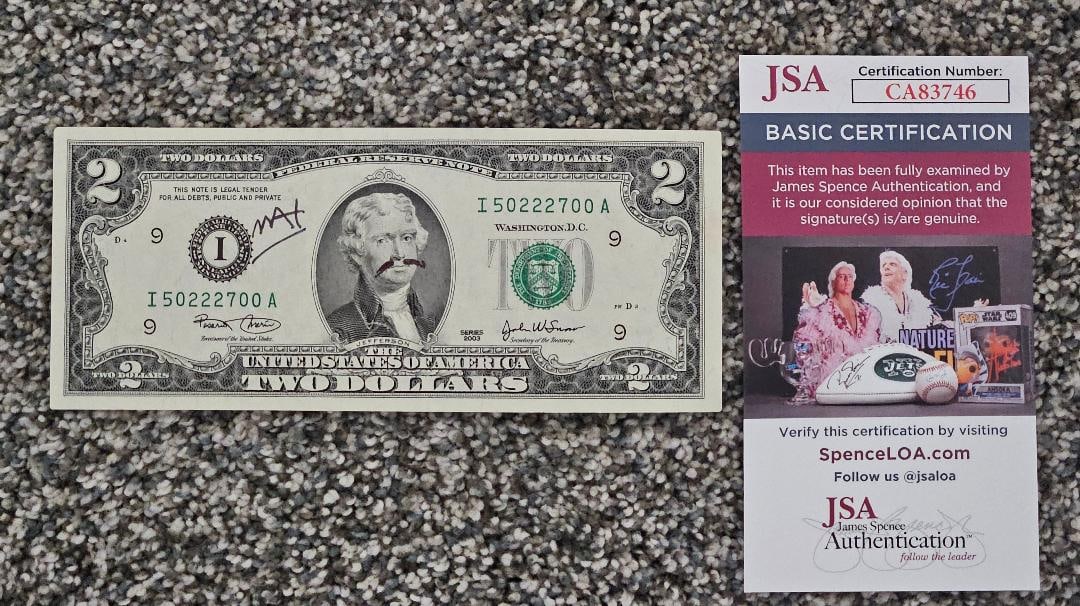 PETER MAX SIGNED $2 BILL WITH MUSTACHE DRAWING JSA CERTIFIED (1 of 2)