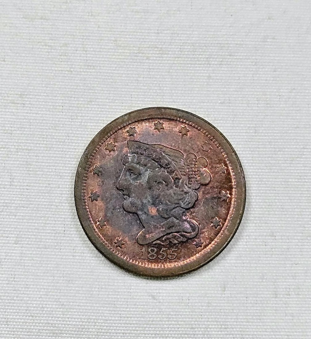 1855 UNITED STATES HALF CENT, UNCIRCULATED: First, I have to start out by saying this is not a genuine coin. It comes from my extensive counterfeit collection that was passed down by my father 50 years ago. If this coin were to be graded, it wo