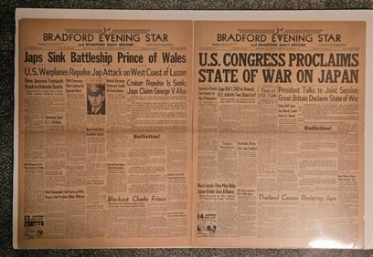 US DECLARES WAR AGAINST JAPAN, WW2 BEGINS!: December 8TH 1941, this is one of the most collected and sought after newspapers in the country. Problem is finding an original in this condition that is not a reprint is becoming harder and harder to
