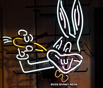 BUGS BUNNY NEON: NEVER SEEN ANOTHER ONE EVER OFFERED, BEEN IN MY COLLECTION FOR MANY YEARS. Bugs Bunny’s long ears are upright. and his classic mischievous grin with buck teeth visible. Bright White NEON tubing 