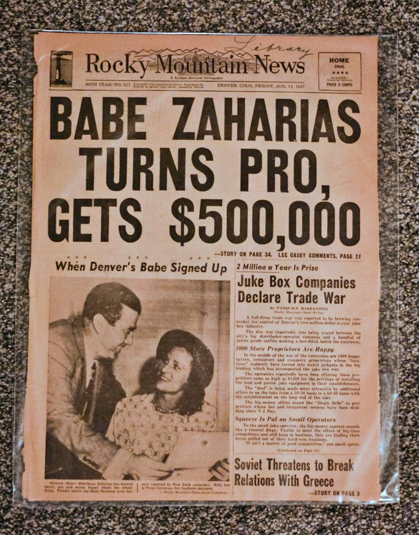 BABE ZAHARIAS SIGNS $500,000 CONTRACT TO TURN PRO: August 15, 1947. To say she was the greatest female athlete is a diservice....she may have been one of the greatest athletes,. man or woman ever! Just read the following from WIKI. Although best known