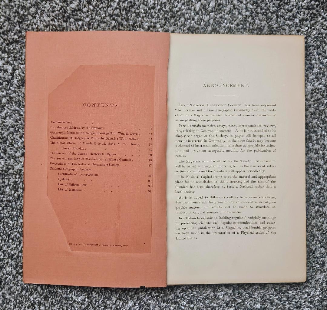 1888 FIRST EDITION OF NATIONAL GEOGRAPHIC MAGAZINE, VERY RARE DAMAGED: The first edition of National Geographic Magazine (Vol. 1, No. 1) was published in October 1888. Originally called The National Geographic Magazine, it was a slim, academic journal with a terracotta-c