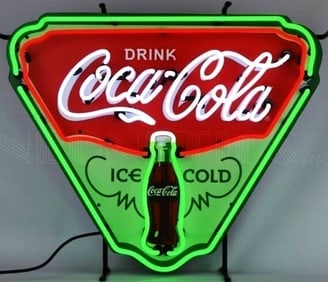 DRINK COCA COLA NEON: 24W x 29H x 4D Design: The sign is in the shape of an inverted triangle or shield. It features the classic Coca-Cola script logo in white neon lettering. • Wording: The sign includes the