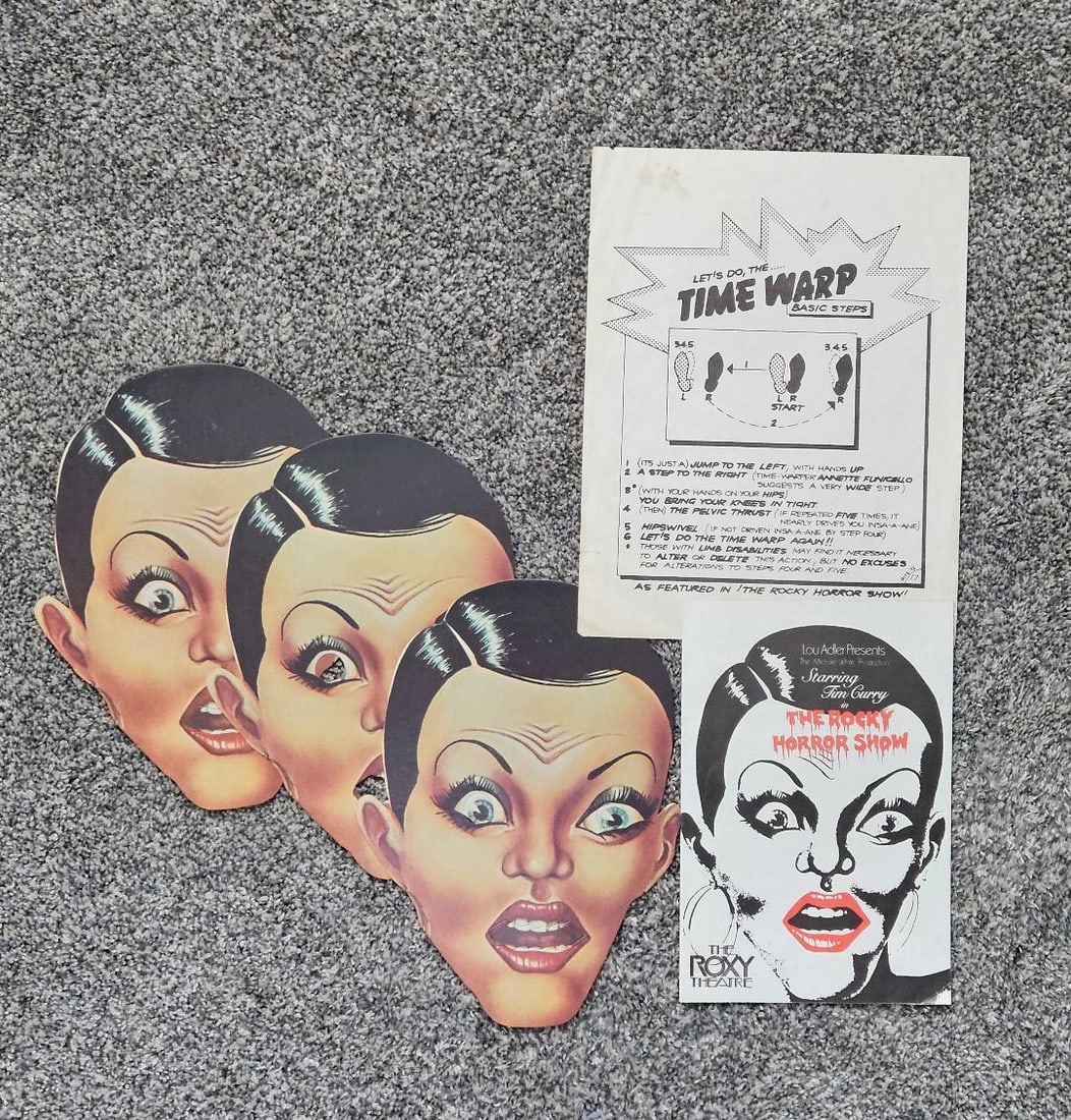 ORIGINAL ROCKY HORROR PIC SHOW PROGRAM AND 3 MASKS: 1974 ORIGINAL PROGRAM WITH 3 VERY RARE PAPER MASKS AND THE INSTRUCTIONS FOR THE TIME WARP DANCE, ALL FOR THE CULT FILM, ROCKY HORROR PICTURE SHOW! This is the first I have ever seen, the only one I