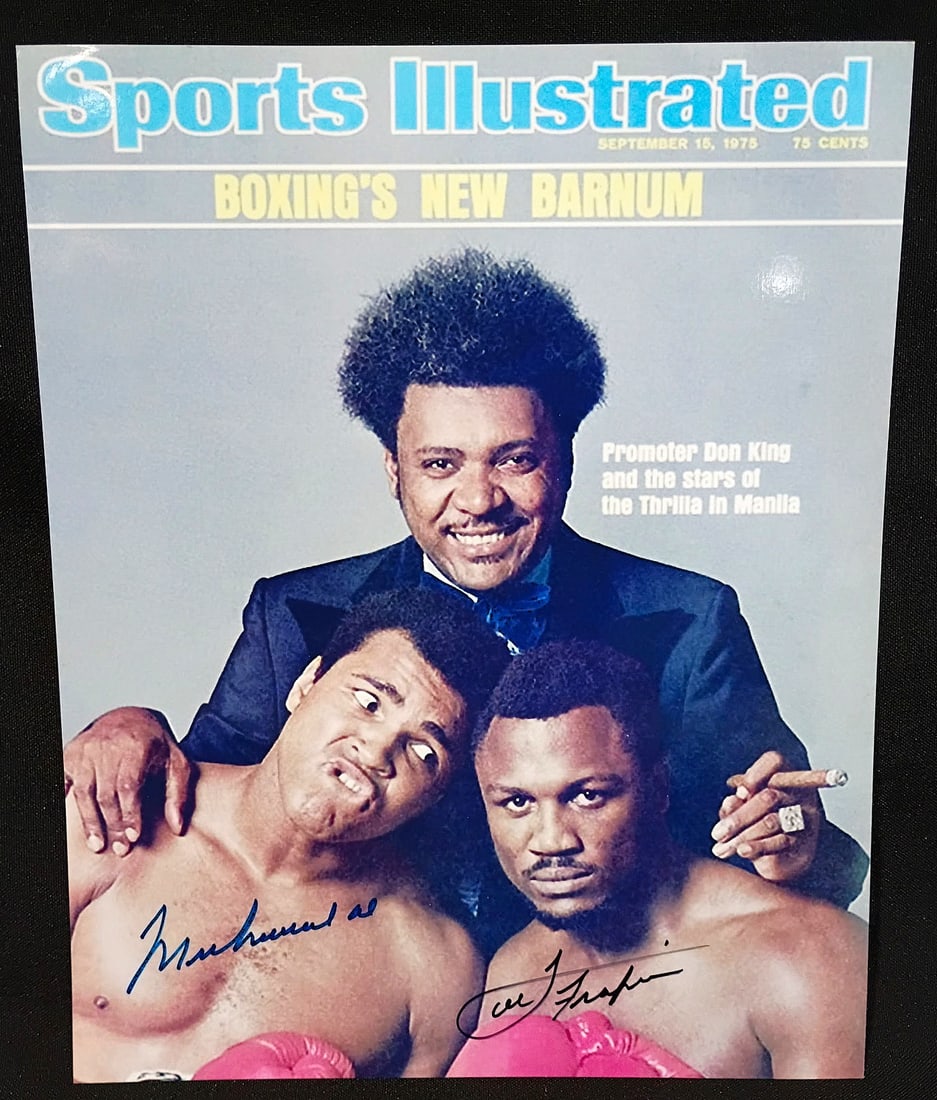 MUHAMMAD ALI JOE FRAZIER SIGNED SPORTS ILLUSTRATED COVER WITH DON KING-AUTHENTICATED: MUHAMMAD ALI JOE FRAZIER SIGNED SPORTS ILLUSTRATED COVER WITH DON KING-AUTHENTICATED The three men—Muhammad Ali, Joe Frazier, and Don King—are inseparably linked through some of the greatest event